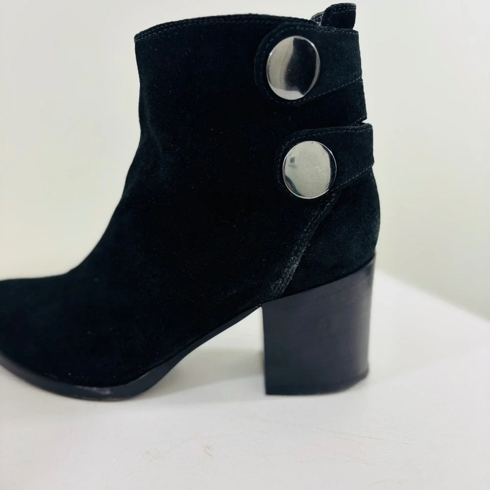 Alberto Fermani Women's Black Suede Heel Leather Ankle Boot Snap Italy Made 6.5
